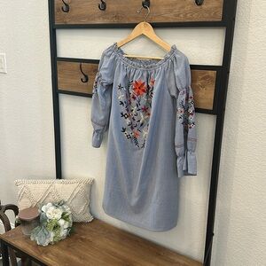 Fun Blue Cotten dress with floral embroidery and pockets (lined)